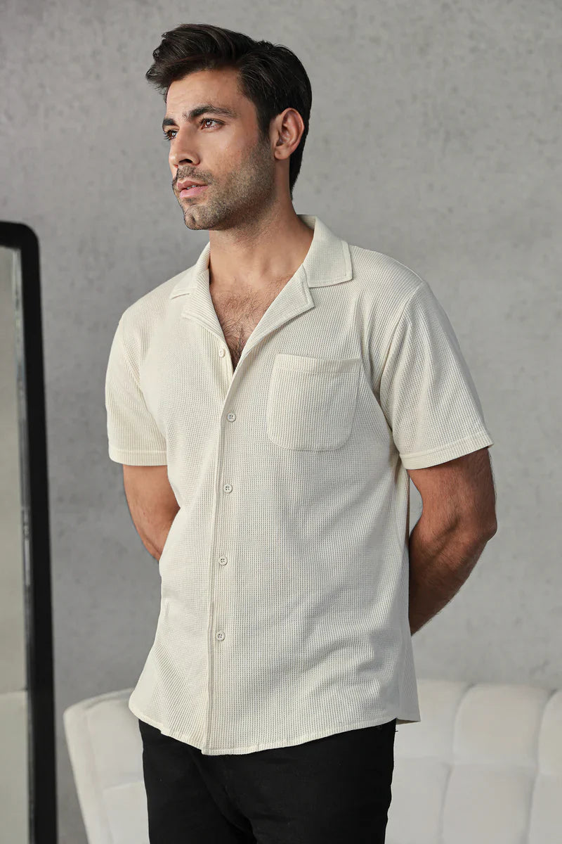 Model wearing a stylish short-sleeve shirt during ZANE Shirts for men in Pakistan.