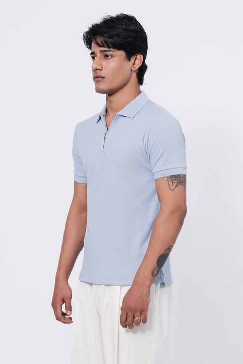 Zip-up Waffle Polo Shirt - Light Blue