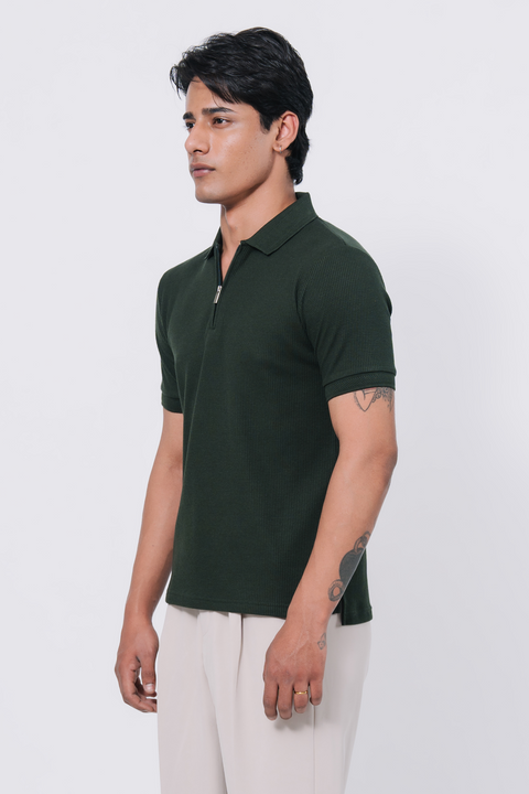 Zip-up Waffle Polo Shirt - Emerald