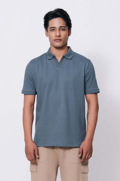 Textured Popcorn Polo Shirt - Greyish Blue