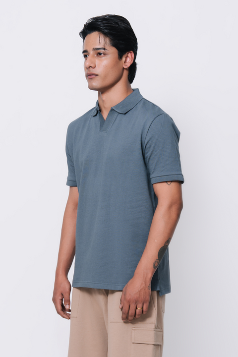 Textured Popcorn Polo Shirt - Greyish Blue