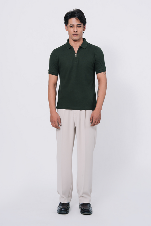Zip-up Waffle Polo Shirt - Emerald