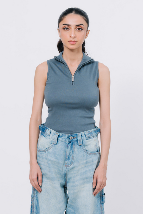 Zip Up Crop Top - Greyish Blue