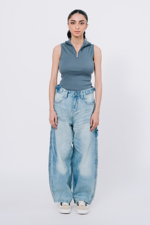 Zip Up Crop Top - Greyish Blue