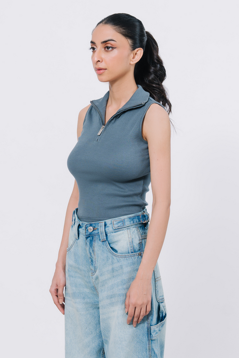 Zip Up Crop Top - Greyish Blue