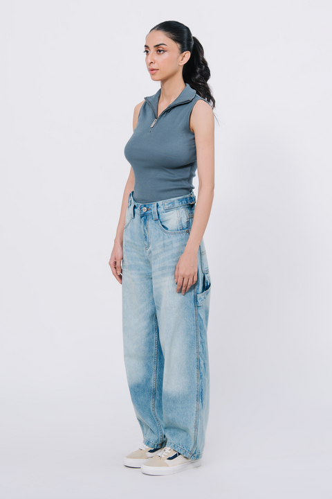 Zip Up Crop Top - Greyish Blue