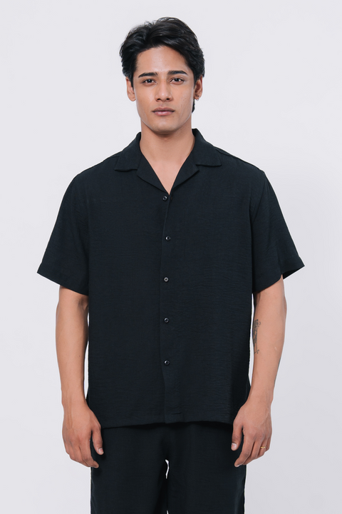 Cuban Collar Boxy Fit Shirt - Black