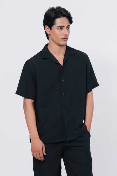 Cuban Collar Boxy Fit Shirt – Black