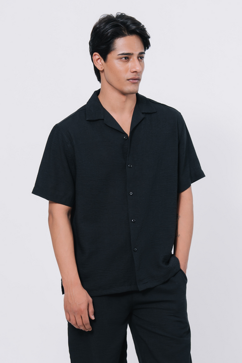 Cuban Collar Boxy Fit Shirt - Black