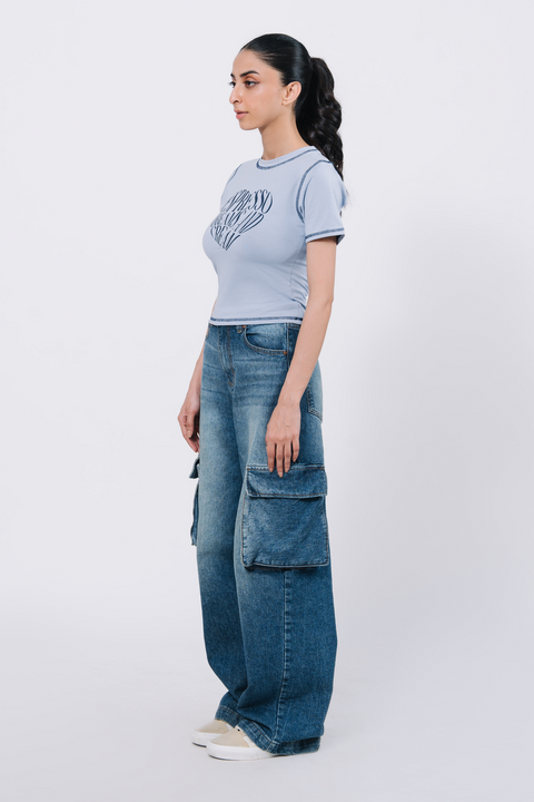 Body Fit Graphic Top - Light Blue