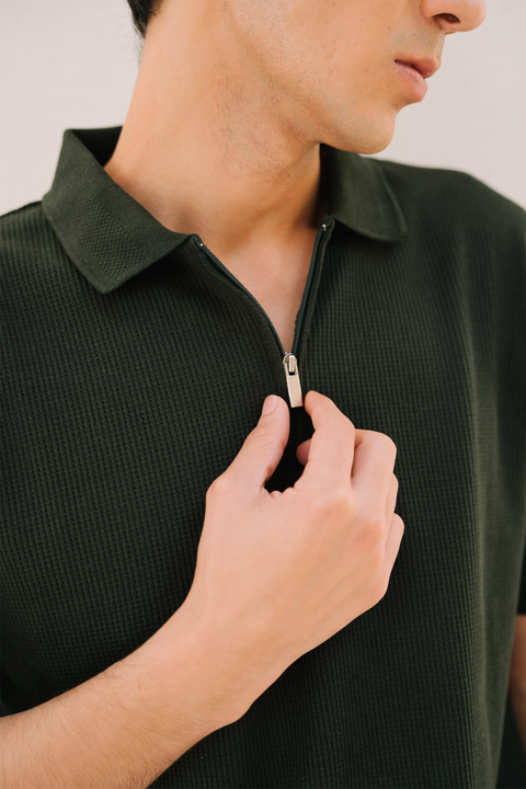 Zip-up Waffle Polo Shirt - Emerald
