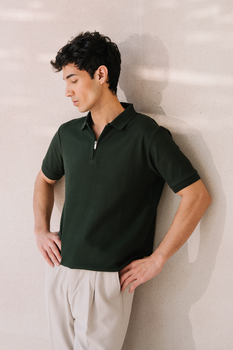 Zip-up Waffle Polo Shirt - Emerald