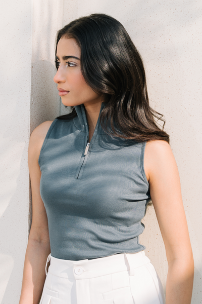 Zip Up Crop Top - Greyish Blue