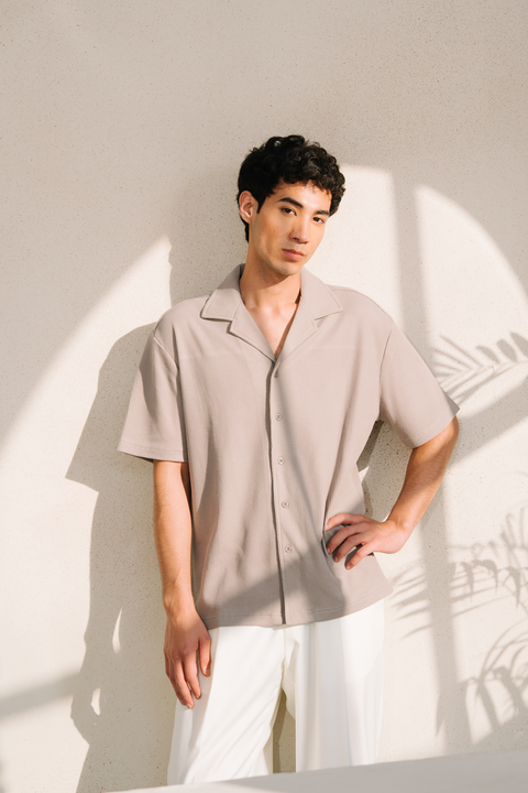 Boxy Fit Waffle Shirt - Greyish Beige