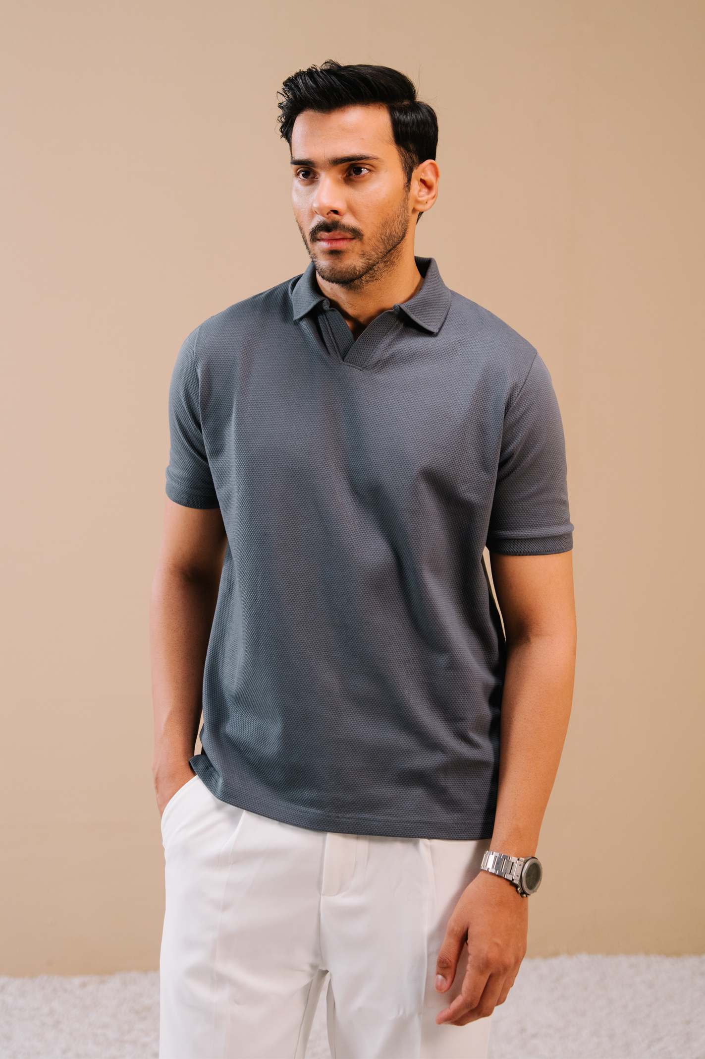 Textured Popcorn Polo Shirt – Greyish Blue Secondary image
