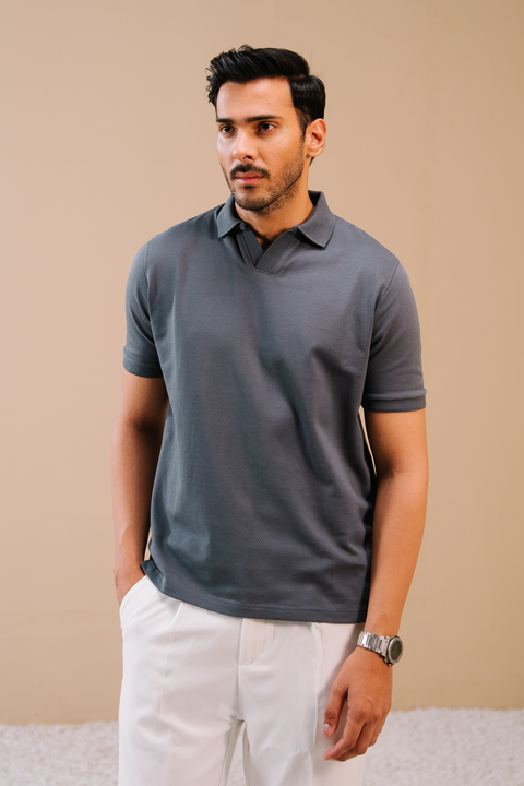 Textured Popcorn Polo Shirt - Greyish Blue