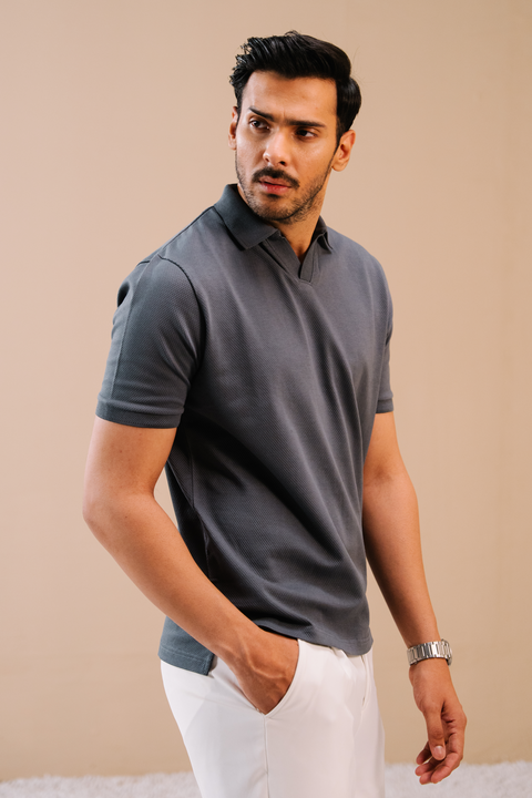 Textured Popcorn Polo Shirt - Greyish Blue