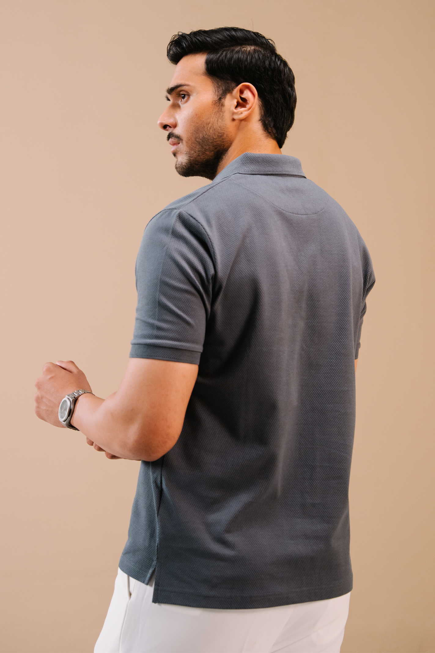 Textured Popcorn Polo Shirt – Greyish Blue