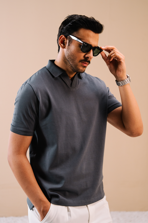 Textured Popcorn Polo Shirt - Greyish Blue