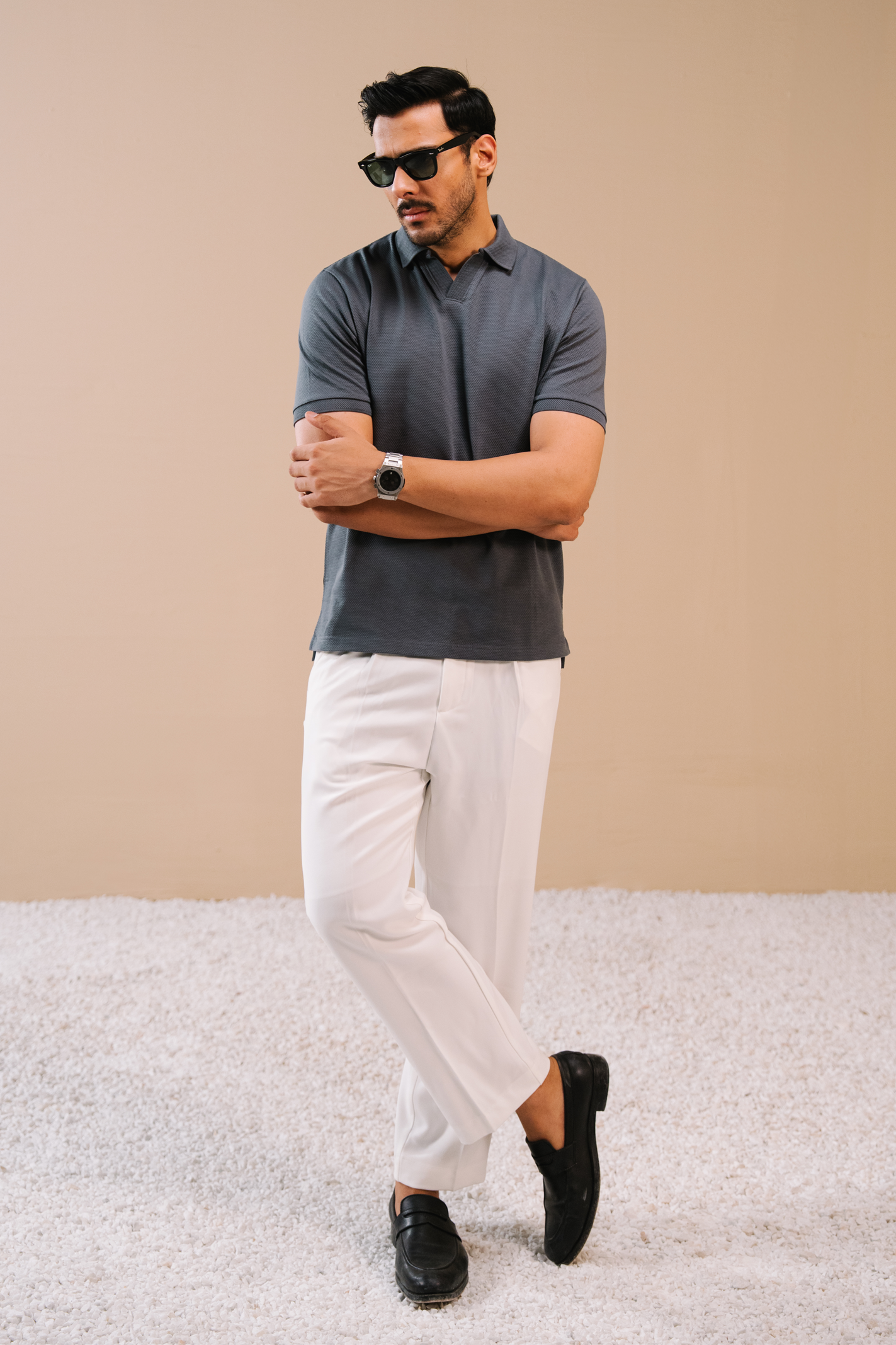 Textured Popcorn Polo Shirt – Greyish Blue