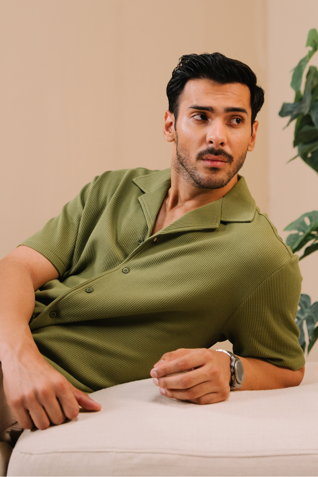 Boxy Fit Waffle Shirt – Mid Green
