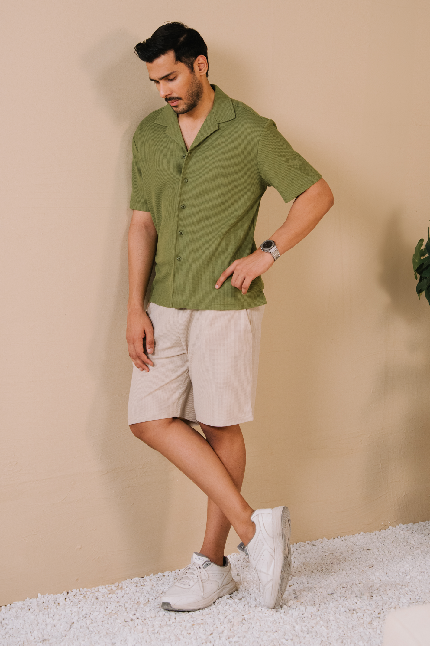 Boxy Fit Waffle Shirt – Mid Green