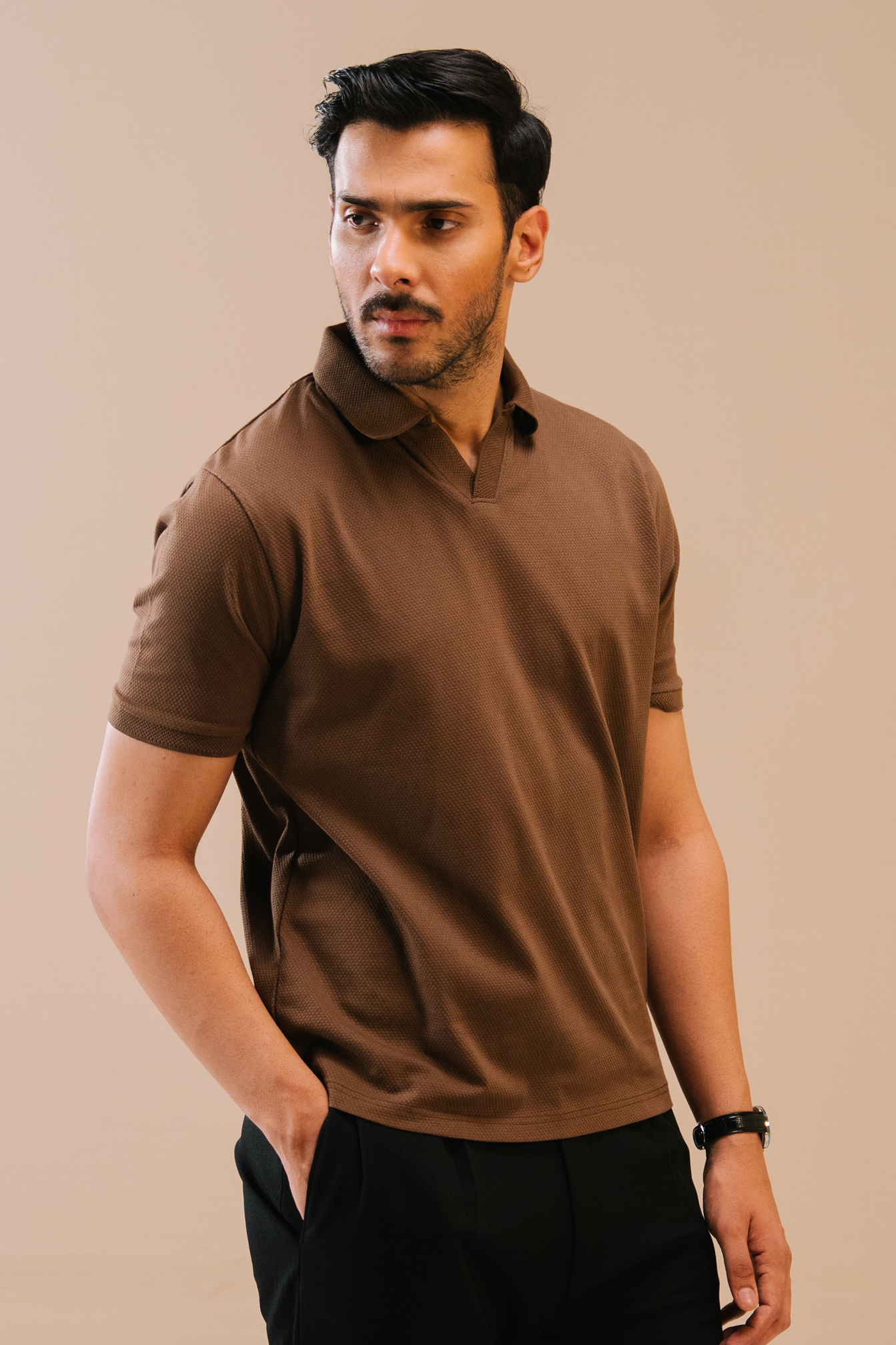 Textured Popcorn Polo Shirt – Brown Main image