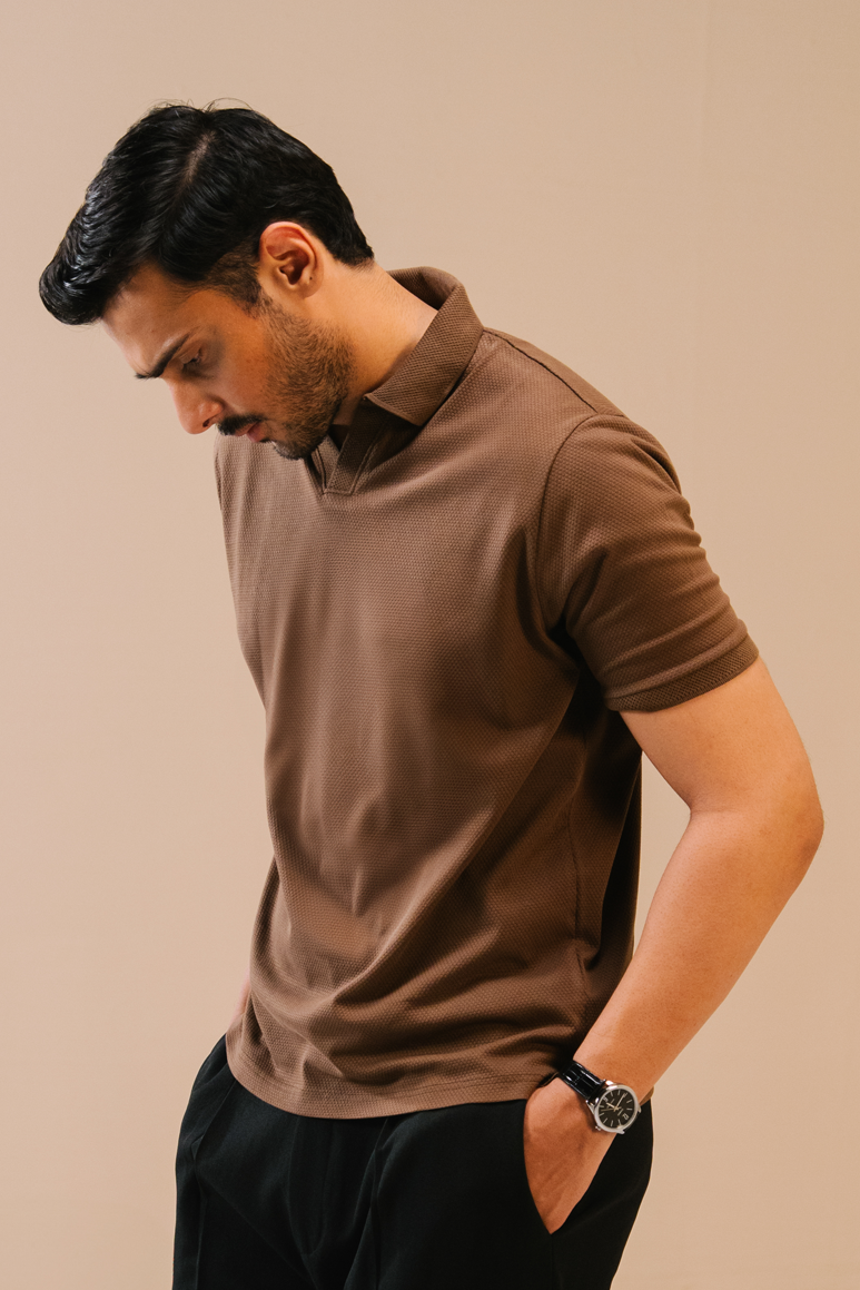 Textured Popcorn Polo Shirt – Brown Secondary image