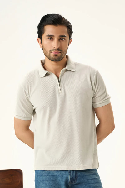 Waffle Zip Polo - Ash White