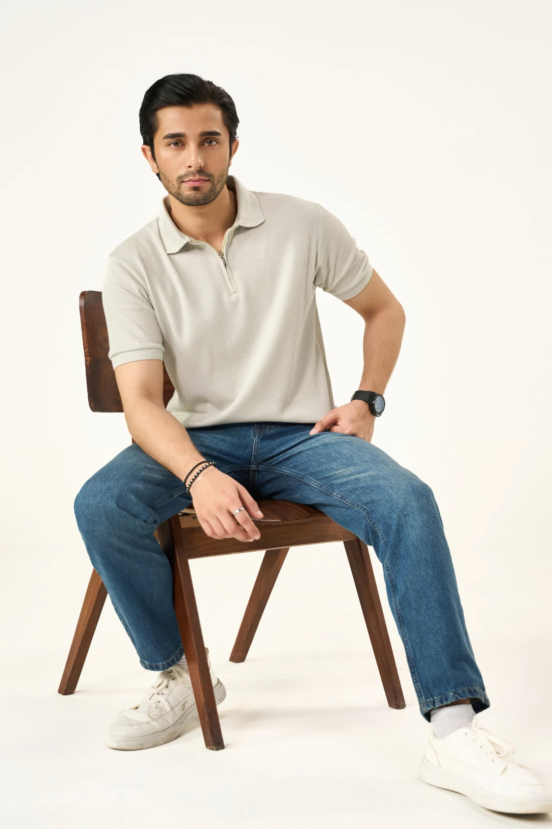 Waffle Zip Polo - Ash White
