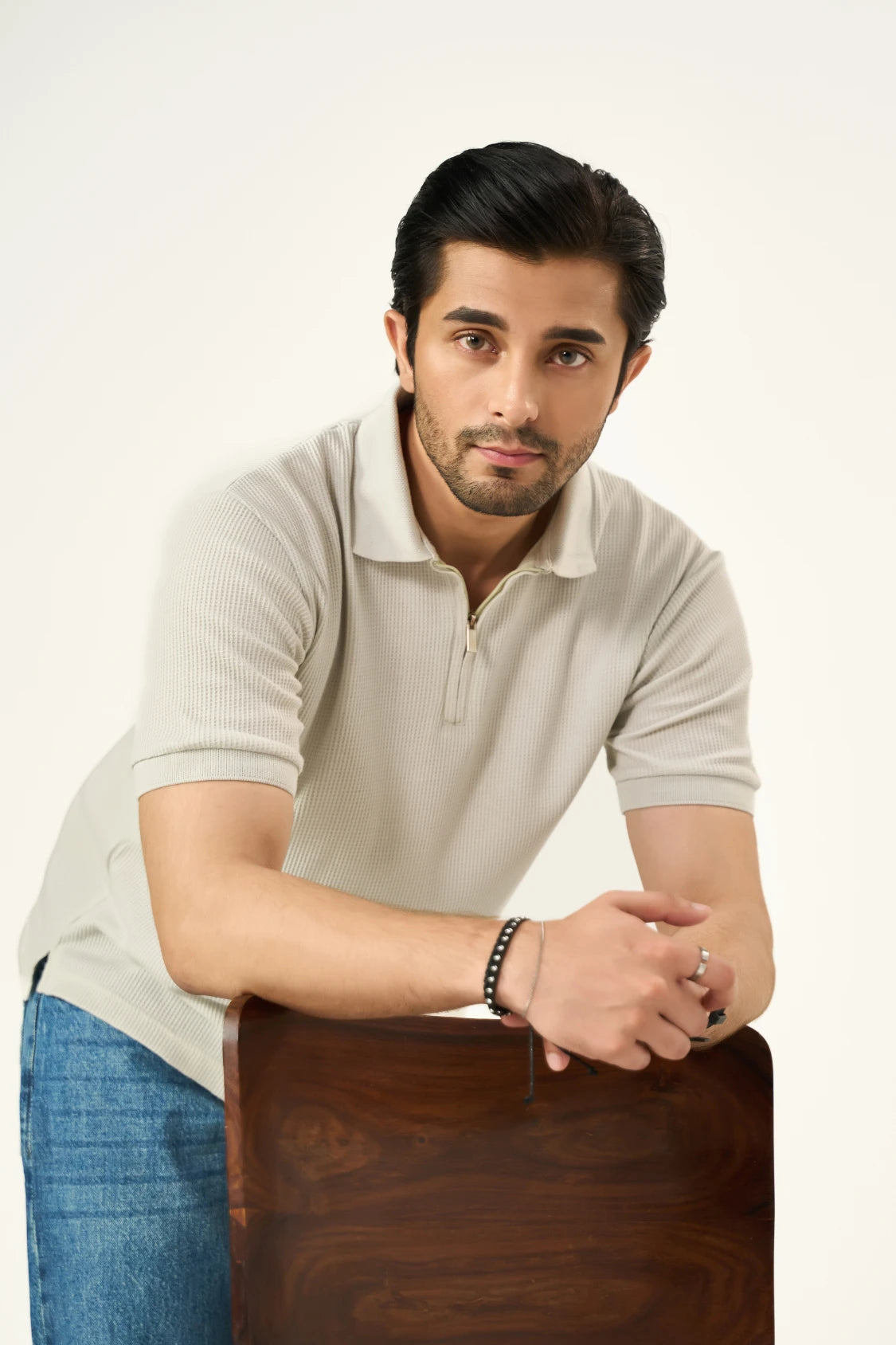 Waffle Zip Polo - Ash White