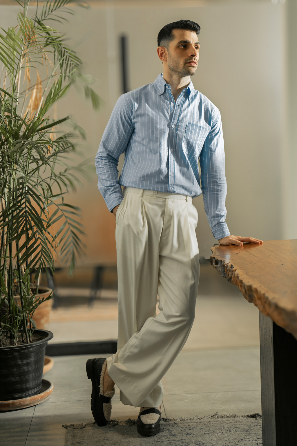 Cotton Striped Button-Down Shirt – Blue & White
