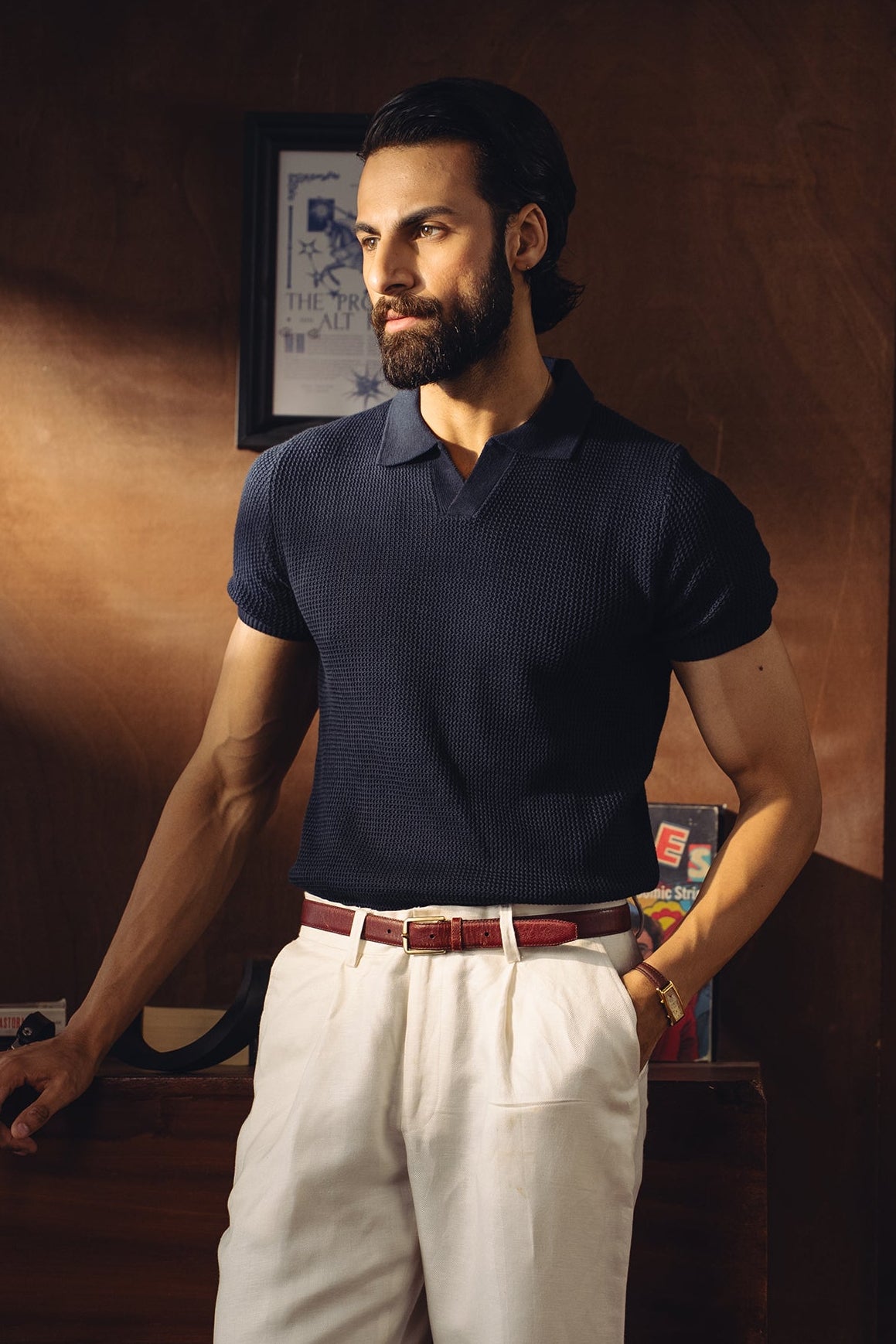 Johnny Collar Textured Knitted Polo Shirt – Navy Secondary image