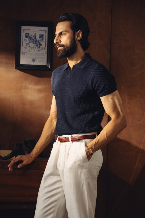 Johnny Collar Textured Knitted Polo - Navy