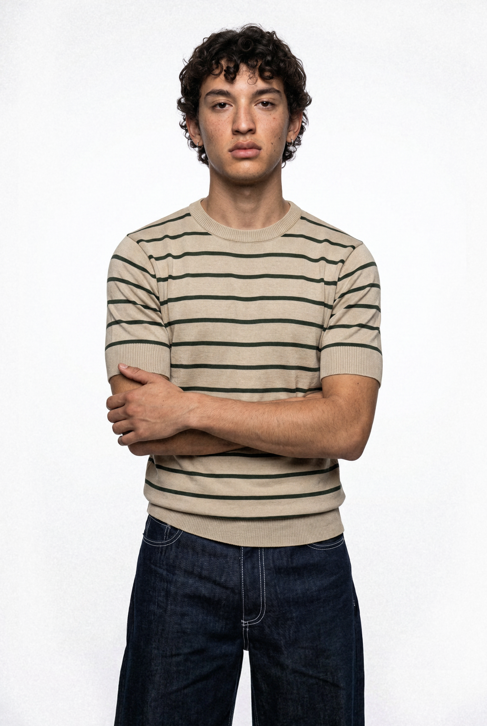 Men Soft Knit Stripe Tee - Cream and Green Main image