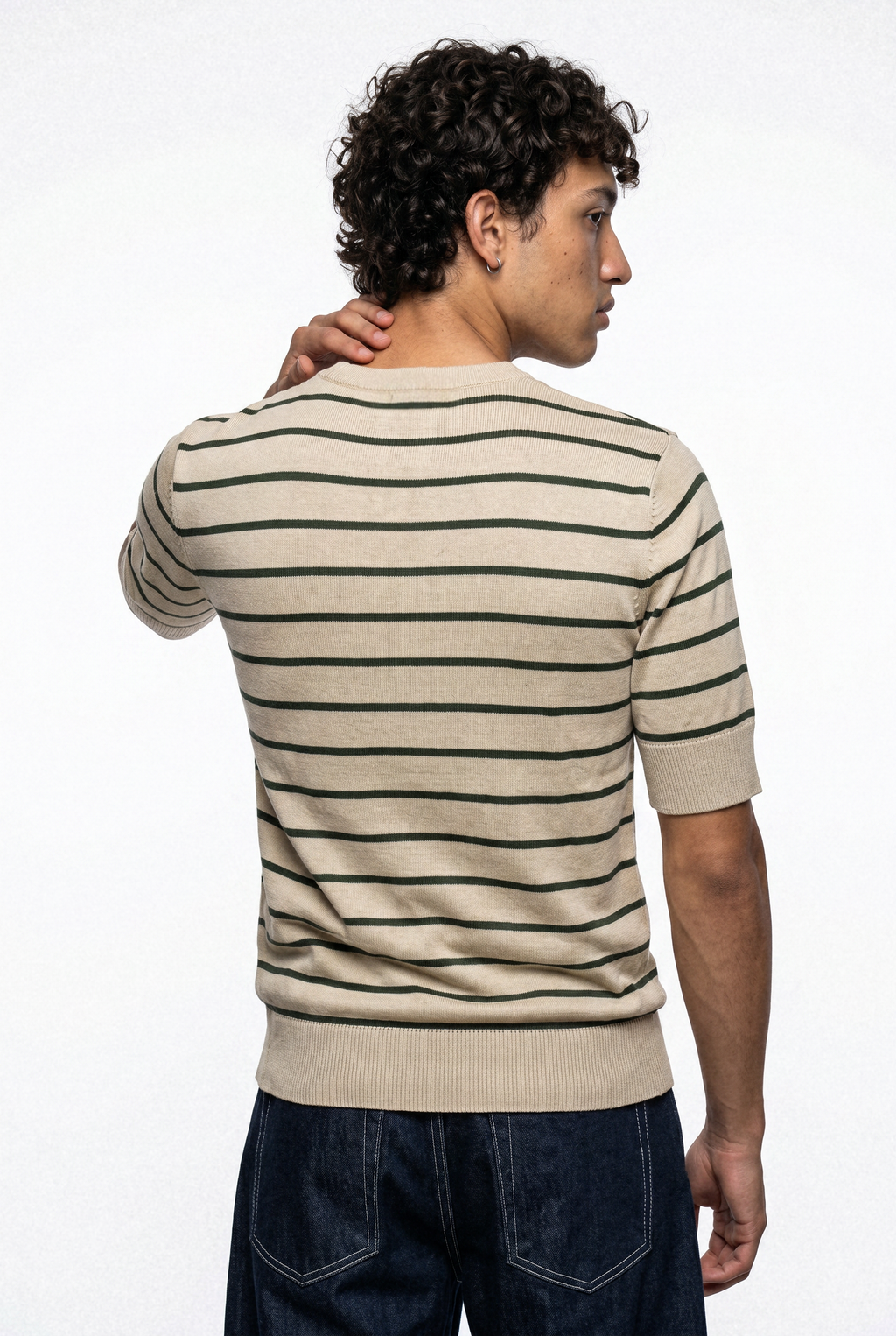Men Soft Knit Stripe Tee - Cream and Green