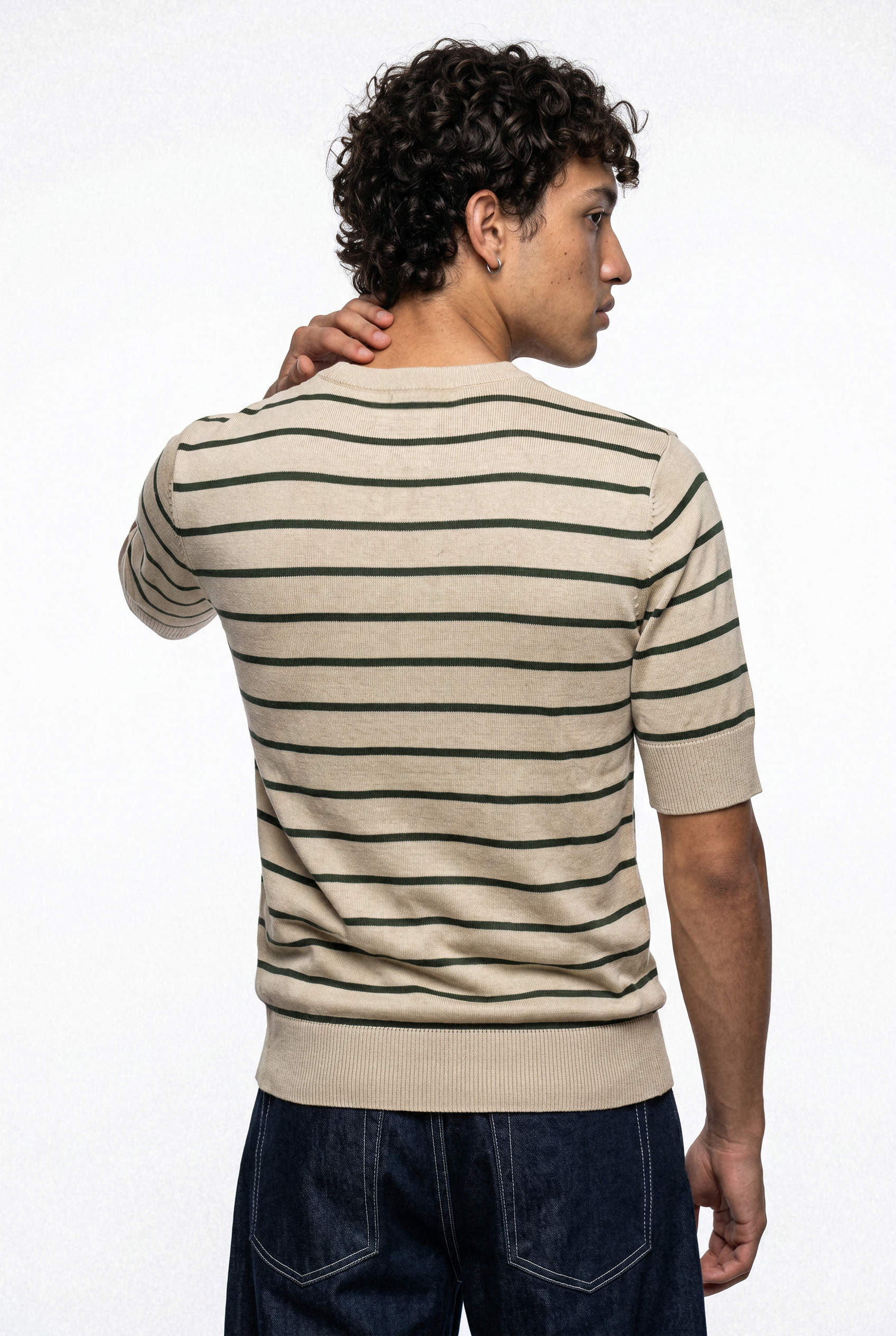Men Soft Knit Stripe Tee - Cream and Green