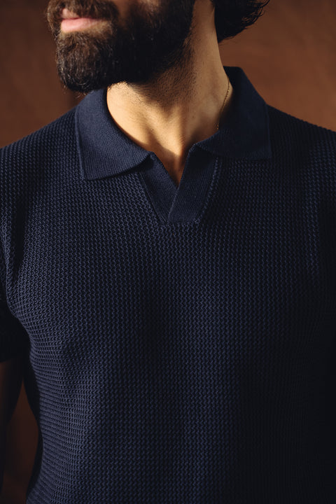 Johnny Collar Textured Knitted Polo - Navy