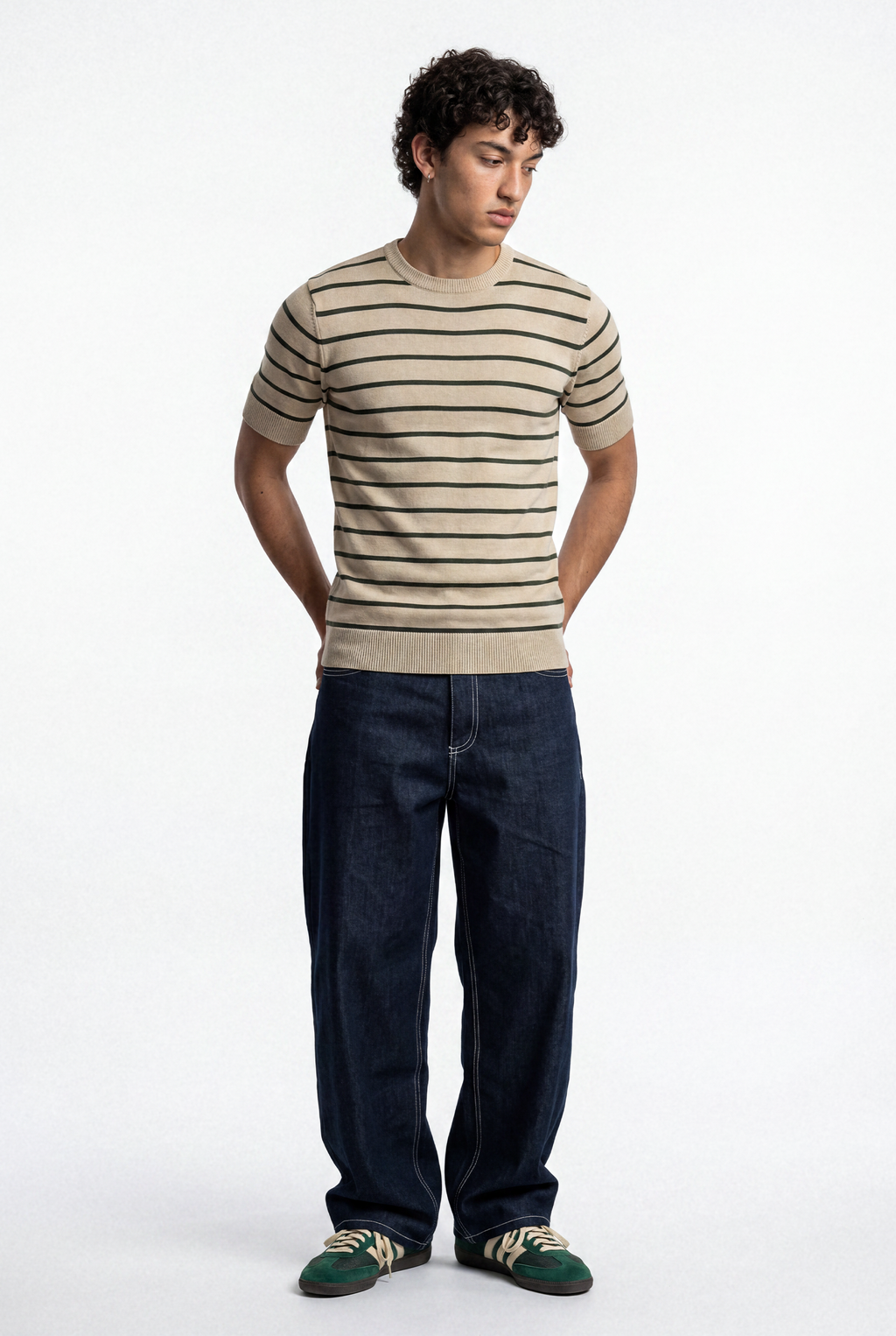 Men Soft Knit Stripe Tee - Cream and Green