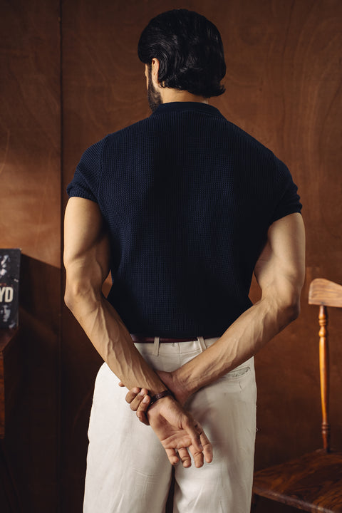 Johnny Collar Textured Knitted Polo - Navy
