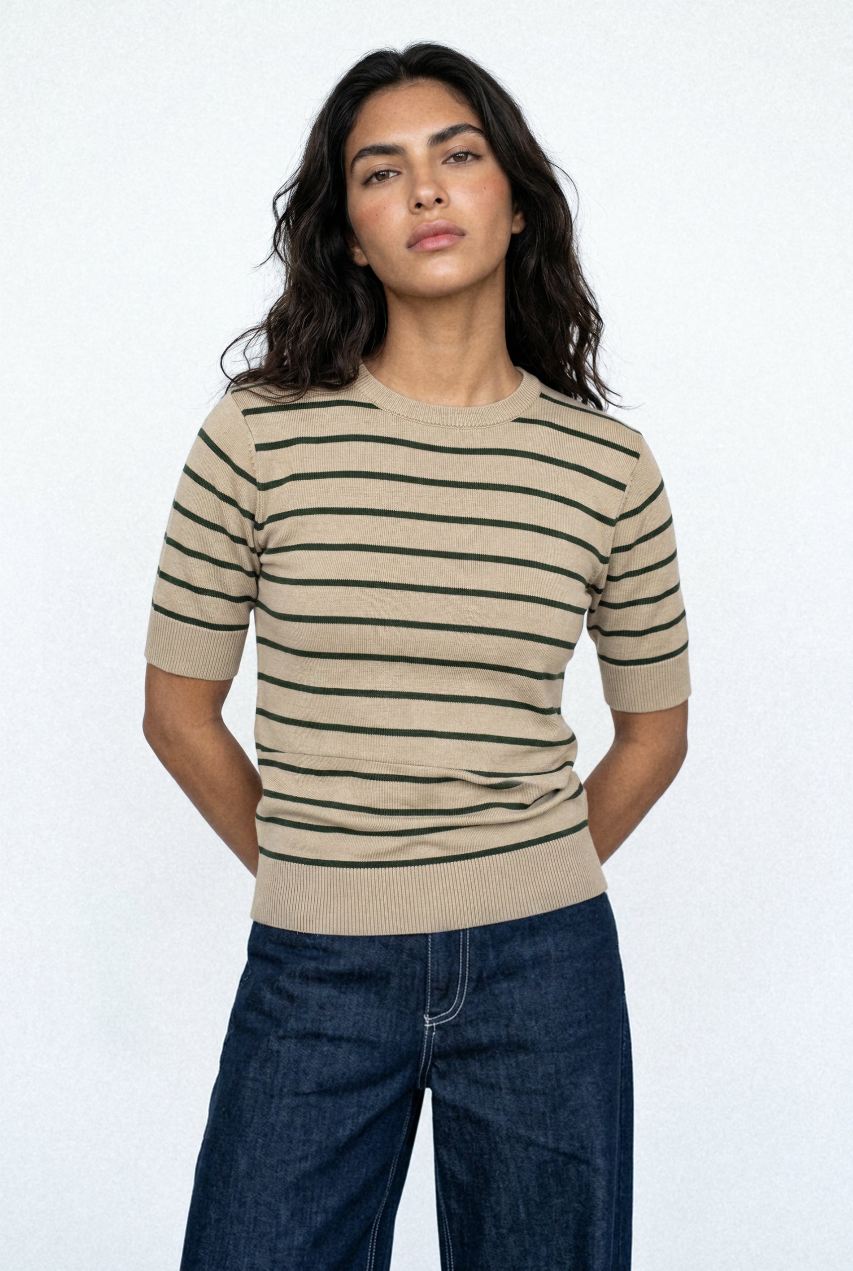 Women Soft Knit Stripe Tee - Cream and Green Main image