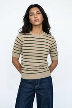 Women Soft Knit Stripe Tee - Cream and Green