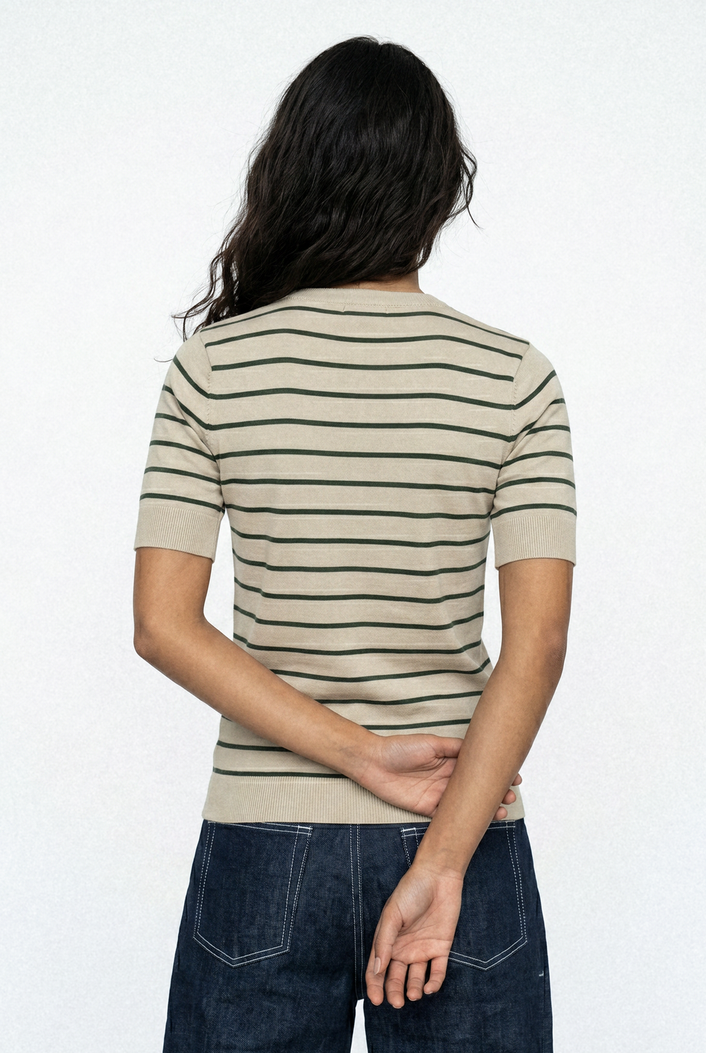 Women Soft Knit Stripe Tee - Cream and Green
