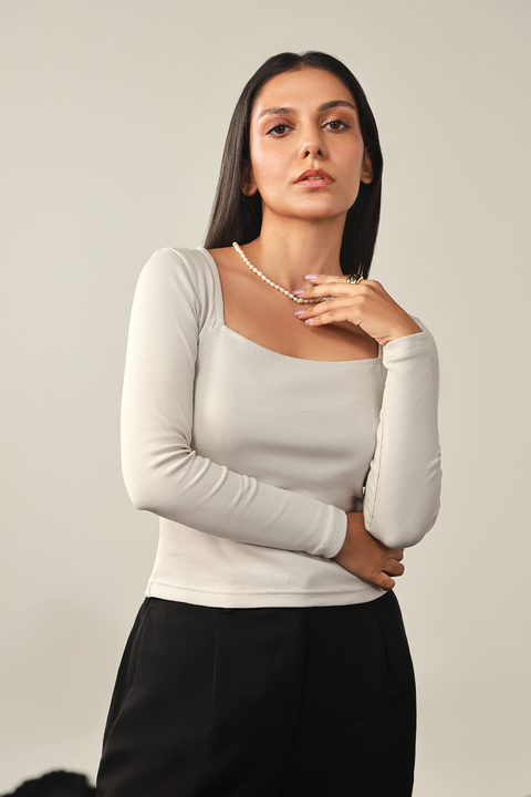 Square Neck Ribbed Top - Ice Grey
