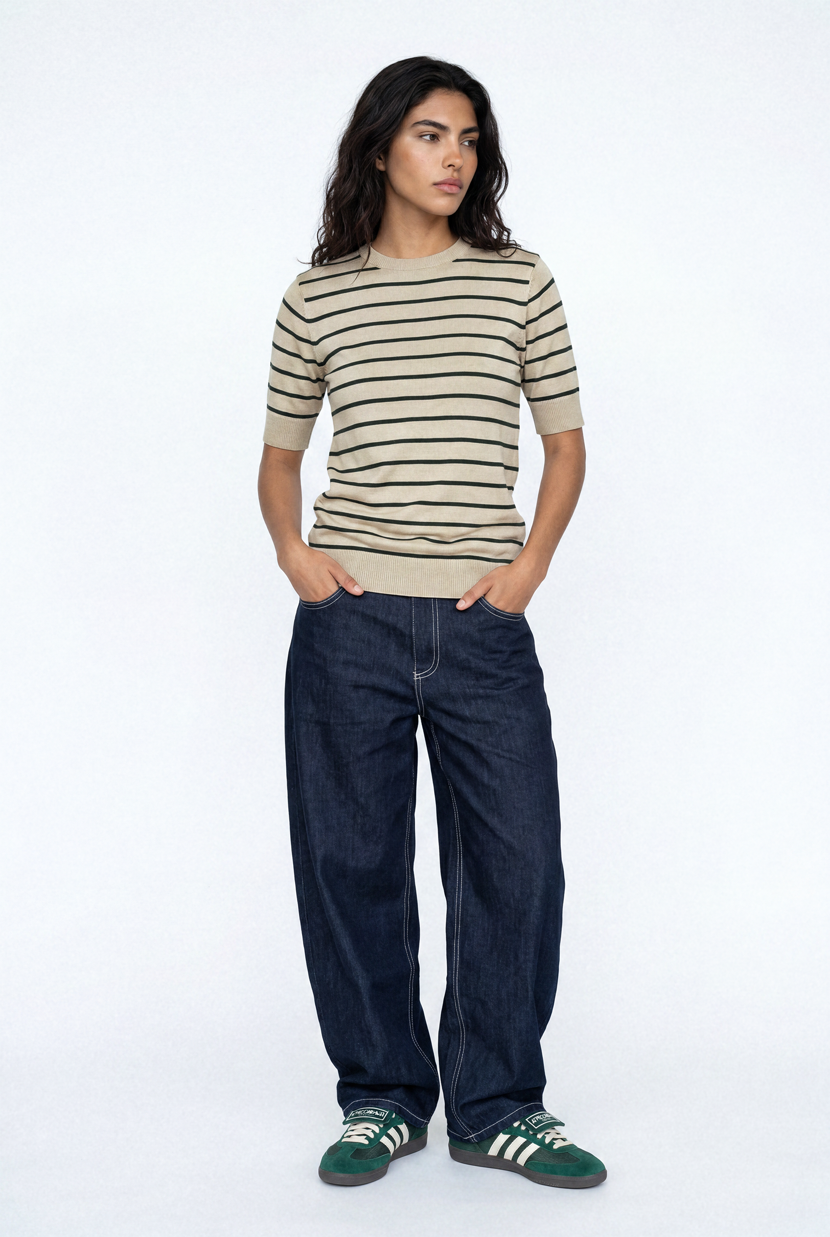 Women Soft Knit Stripe Tee - Cream and Green Secondary image