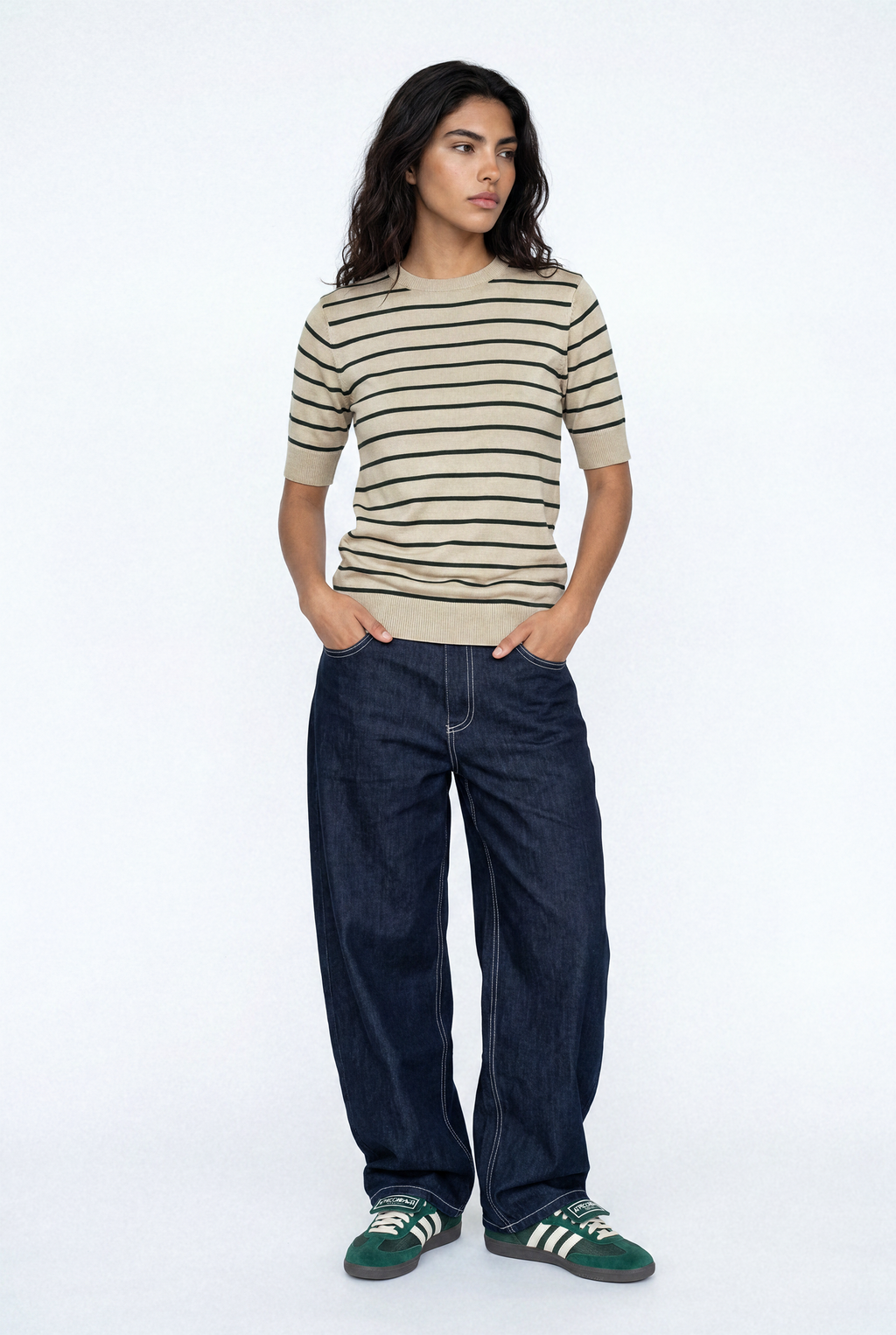 Women Soft Knit Stripe Tee - Cream and Green