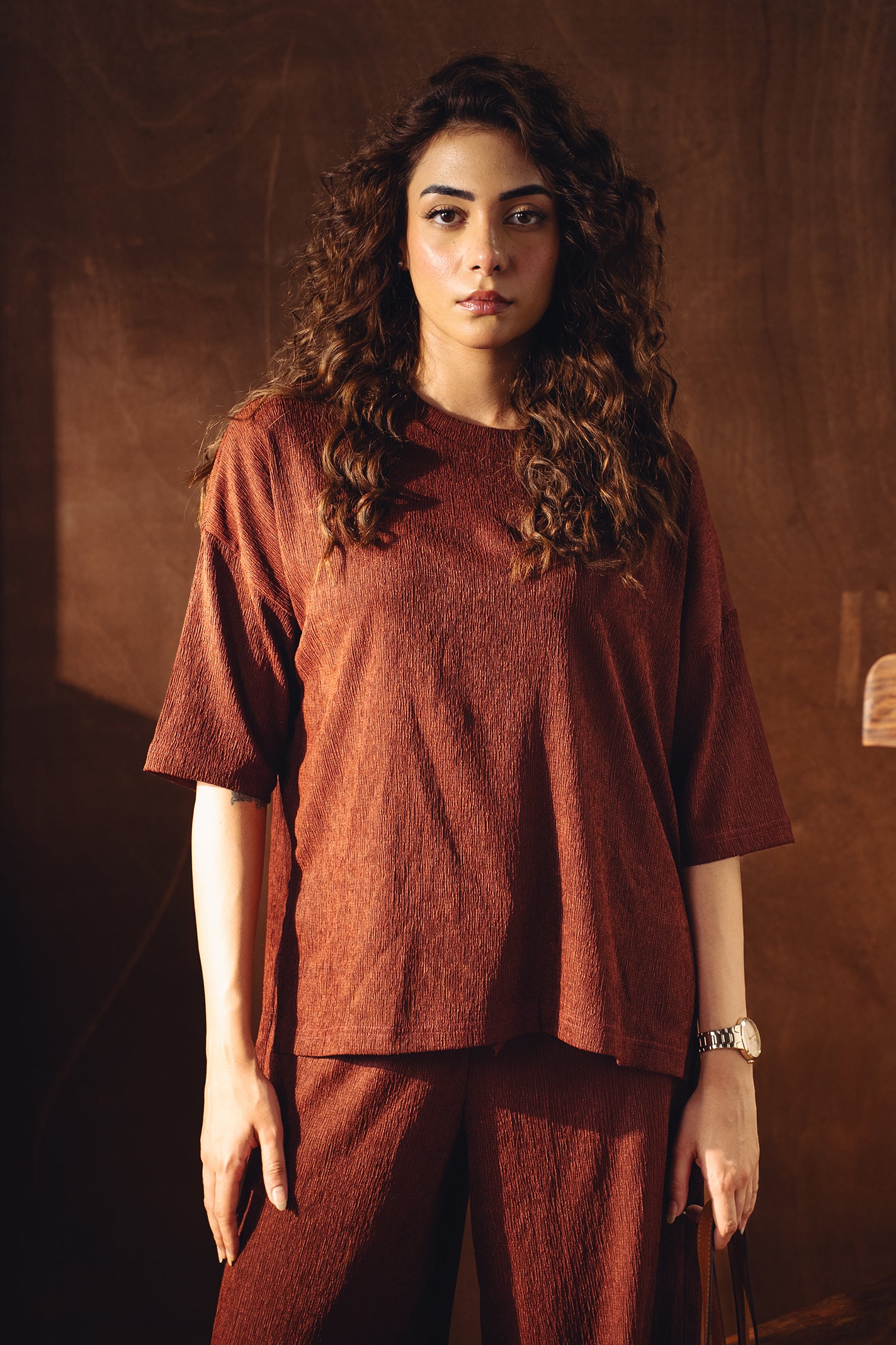 Relax Fit Textured Co-ord Set - Chocolate Brown Secondary image