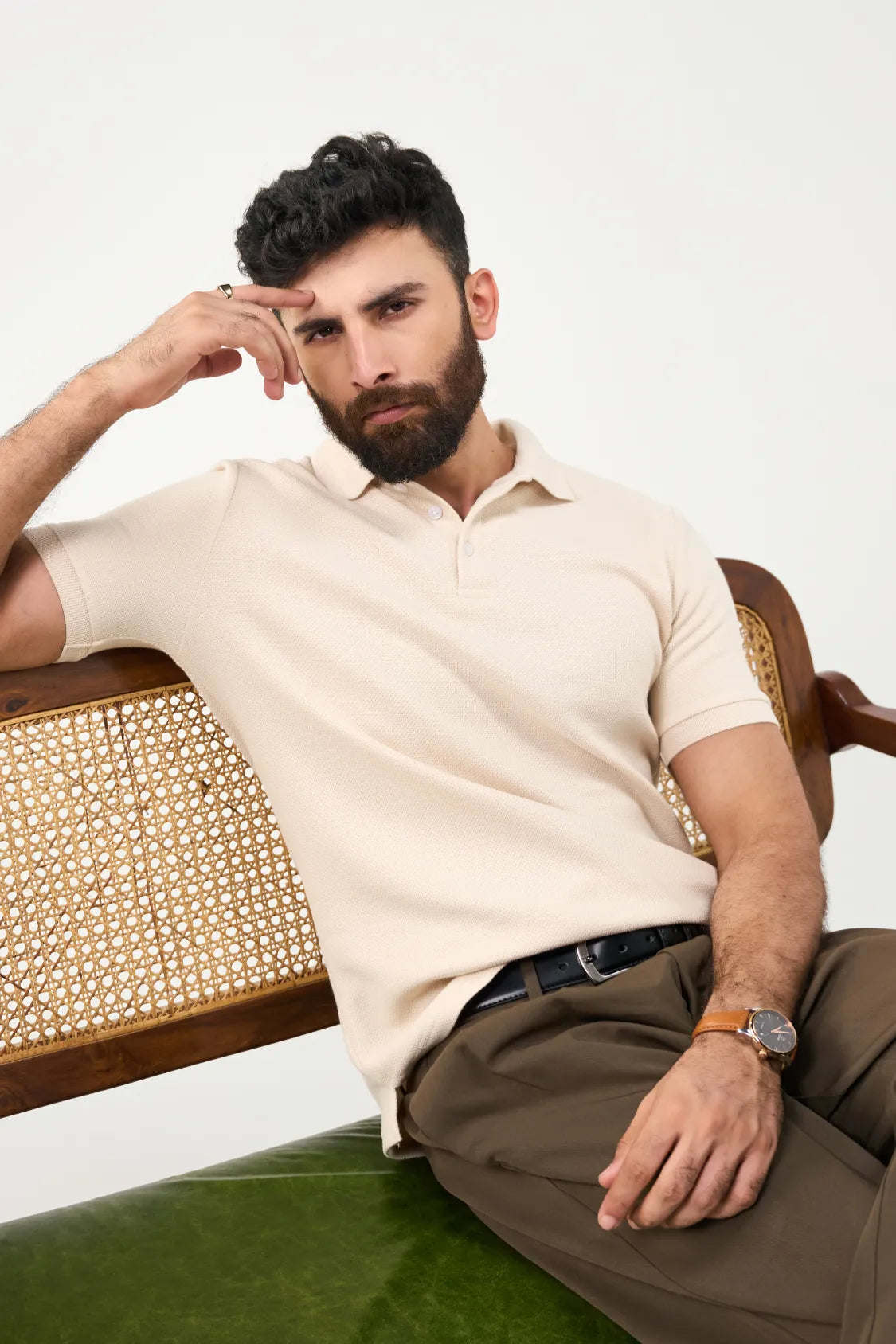 Diamond Texture Polo Shirt - Cream