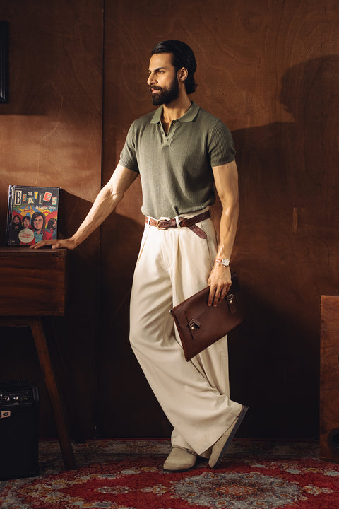 Textured Knitted Polo - Light Olive