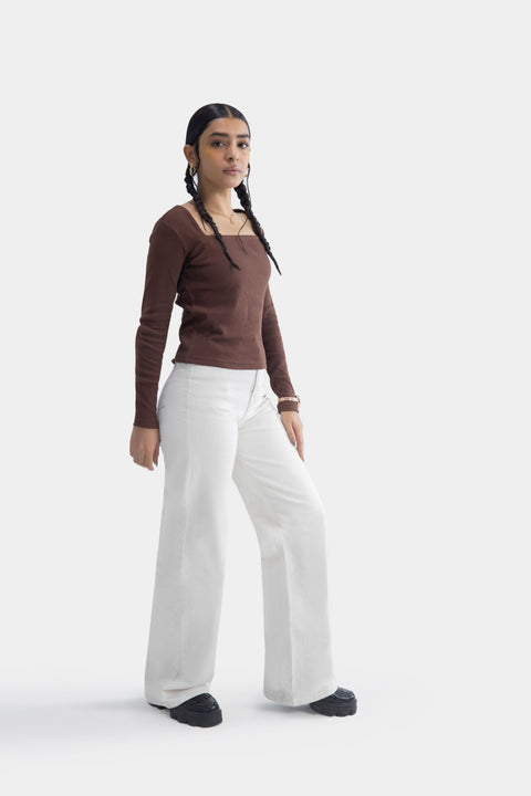 Square Neck Ribbed Top - Brown